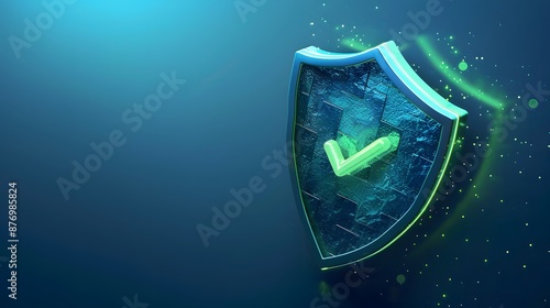 Digital shield with a checkmark symbol, representing cybersecurity, protection, and data security in a glowing blue and green background.