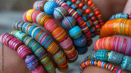 Colorful paper bead bracelets adorning wrists, each bead handmade from strips of computer paper and threaded onto elastic.