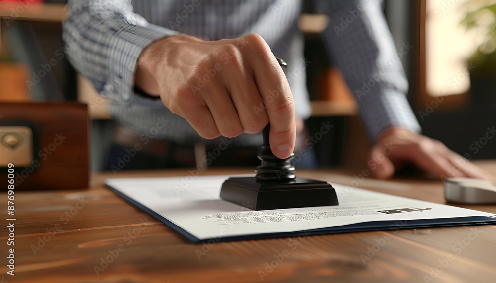 Fototapeta premium Notary stamping document at wooden table in office, closeup