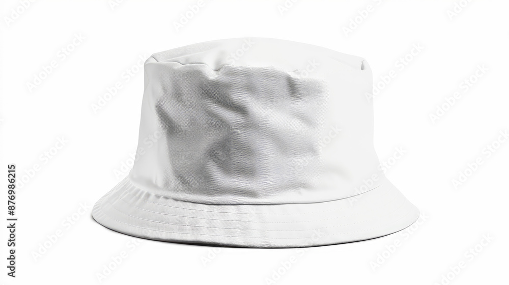 A white-colored bucket hat is placed against a white-colored background. A white-colored bucket hat is placed against a white-colored background.
