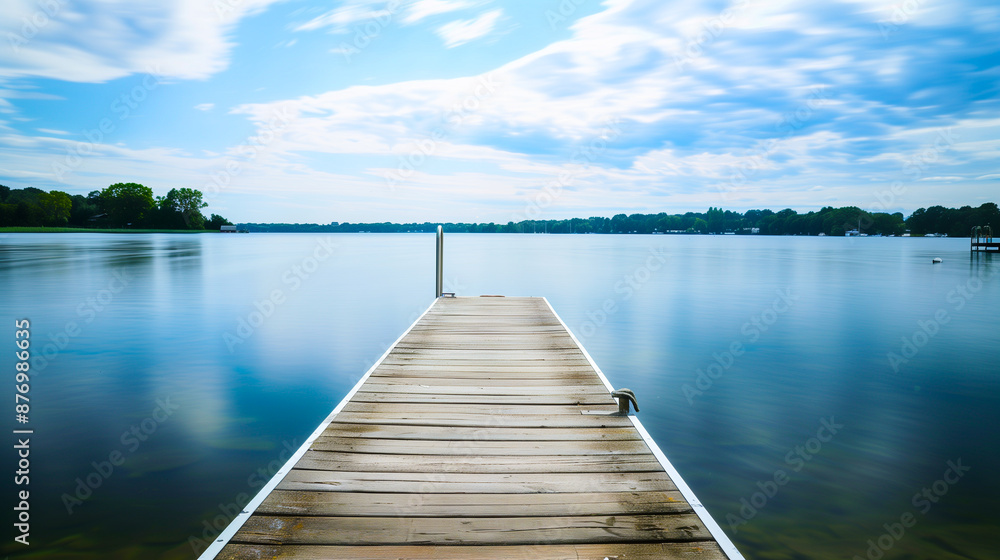 Fototapeta premium A quiet lakeside with a dock extending into the water and a serene sky overhead for copy space