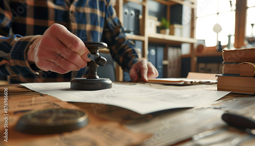 Notary stamping document at wooden table in office, closeup