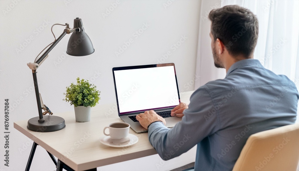 Back view of business man freelancer sitting in home office at table Back view of business man freelancer sitting in home office at table