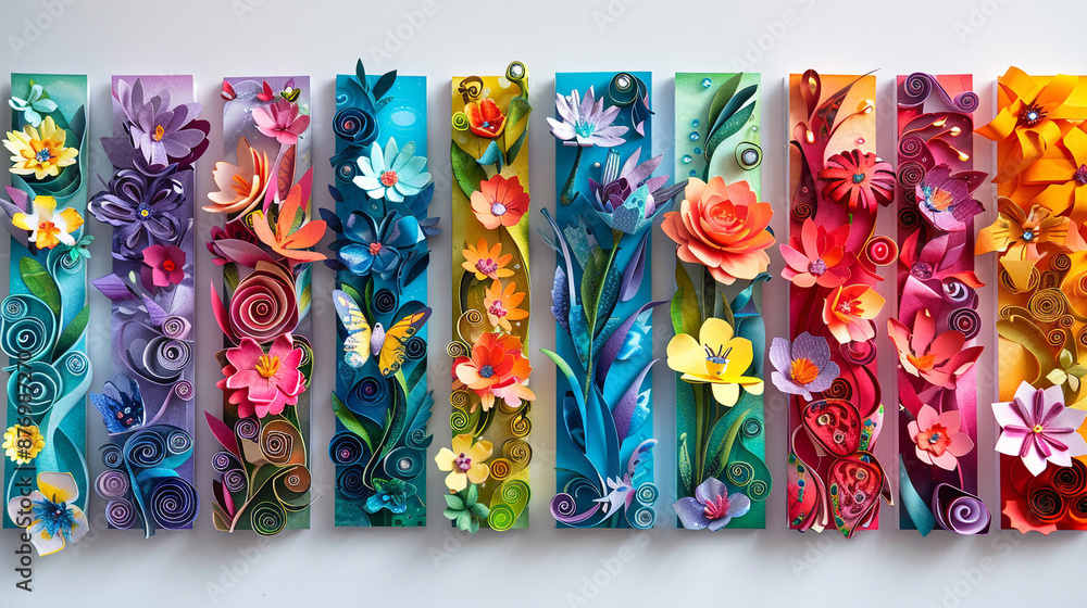 Handcrafted paper bookmarks with whimsical designs, cut from colorful computer paper and personalized with drawings and stickers. Handcrafted paper bookmarks with whimsical designs, cut from colorful computer paper and personalized with drawings and stickers.
