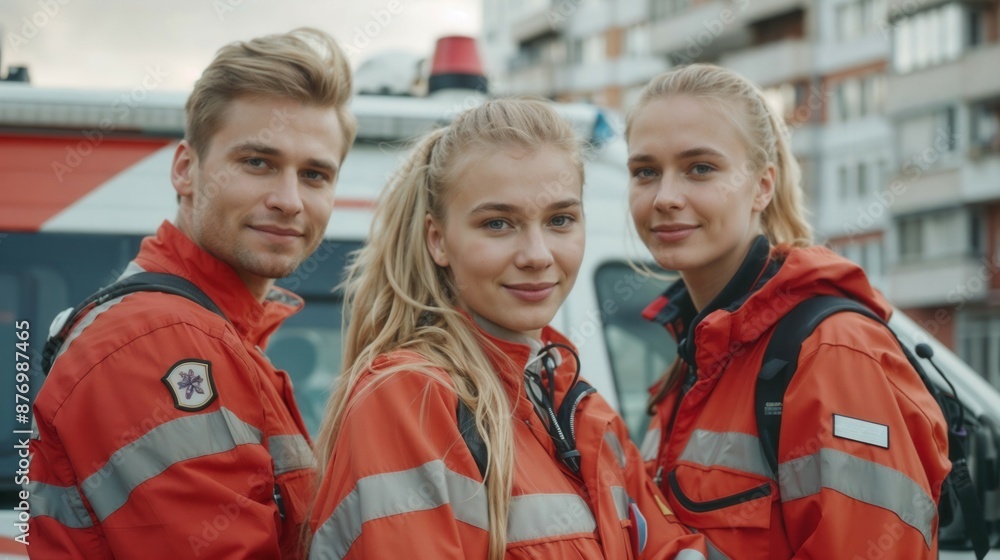 Three confident young doctors looking on the camera on ambulance and hospital background Three confident young doctors looking on the camera on ambulance and hospital background