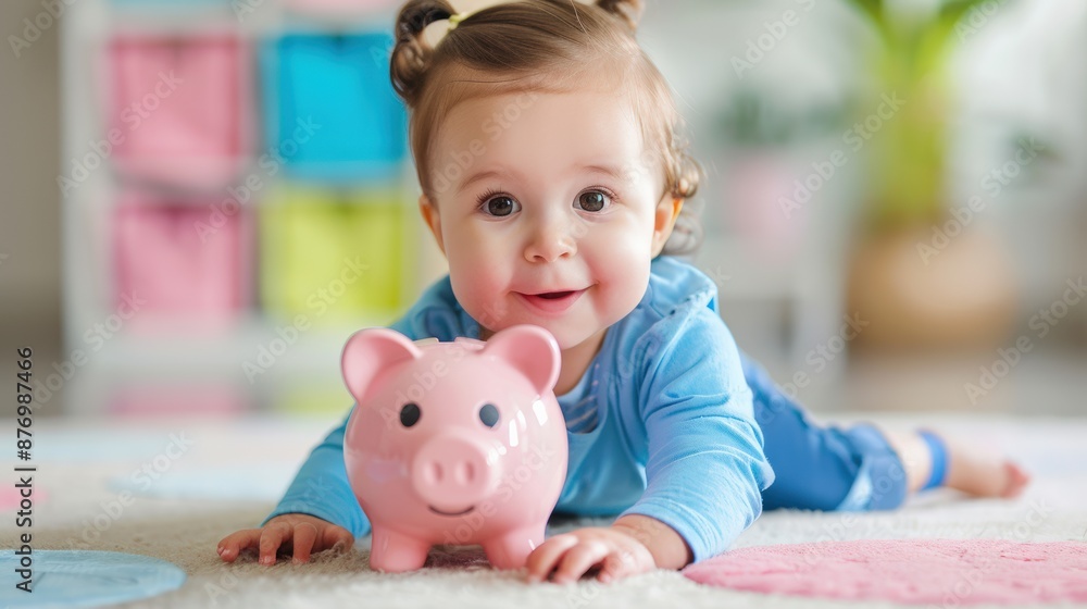Adorable toddler lying on the carpet with a pink piggy bank, smiling and playing in a colorful nursery room. Adorable toddler lying on the carpet with a pink piggy bank, smiling and playing in a colorful nursery room.