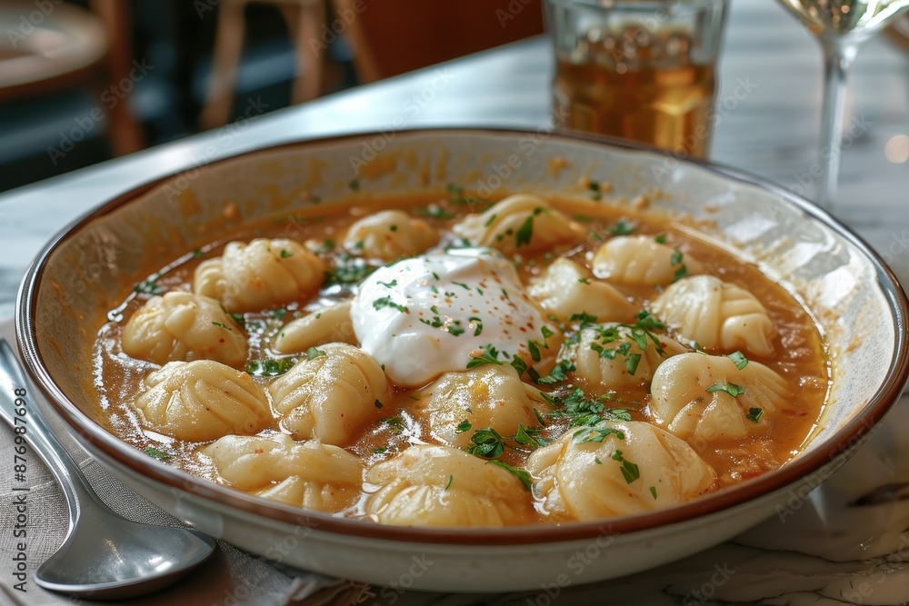 A dish of Russian pelmeni in a clear broth, garnished with a sprinkle of parsley and a dollop of sour cream. A dish of Russian pelmeni in a clear broth, garnished with a sprinkle of parsley and a dollop of sour cream.