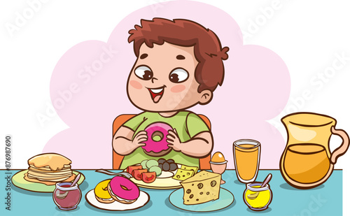 Unhealthy eating, sedentary inactive lifestyle, gluttony problems of overweight kids set vector illustration. Cartoon isolated children with big belly lying on sofa, kids drink and eat fast food