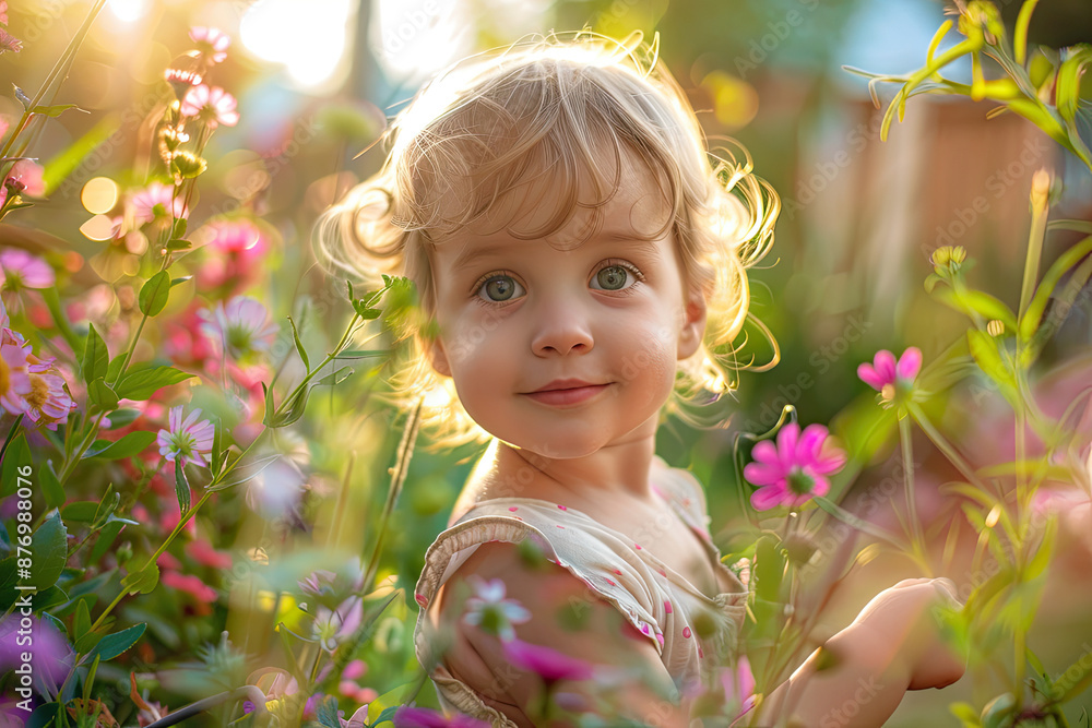 Child playing in a garden, happy smiling infant enjoying Summer flowers laughing playful background, generated ai Child playing in a garden, happy smiling infant enjoying Summer flowers laughing playful background, generated ai