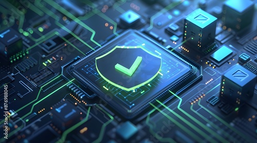 Futuristic digital circuit board with cybersecurity shield, representing data protection and secure technology advancements.