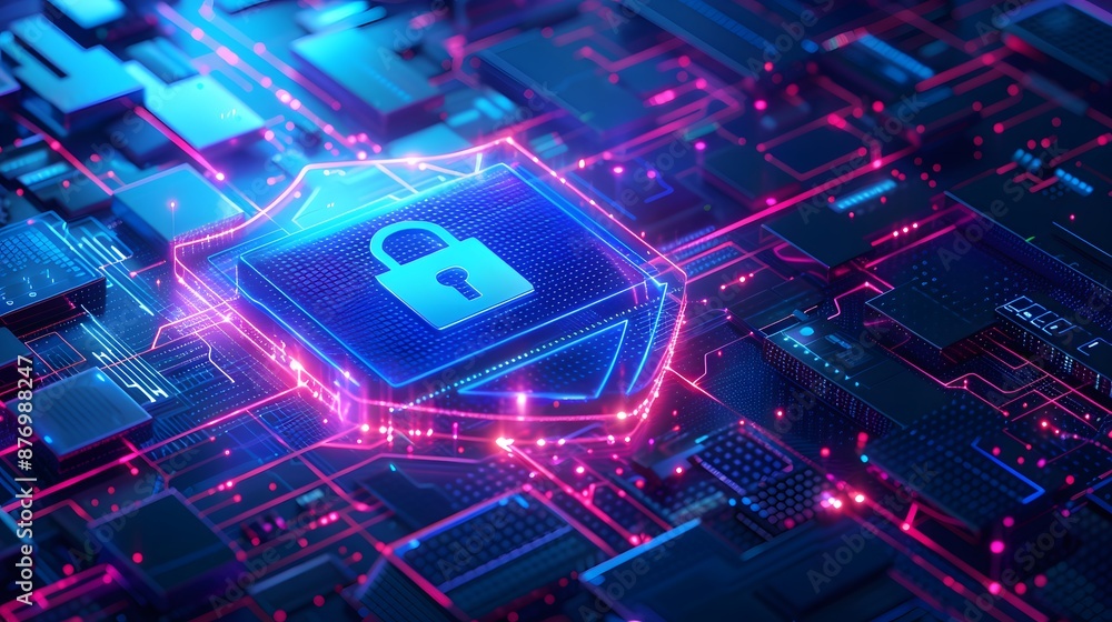 Futuristic digital cybersecurity concept with a glowing lock icon on a neon circuit board, representing data protection and network security. Futuristic digital cybersecurity concept with a glowing lock icon on a neon circuit board, representing data protection and network security.