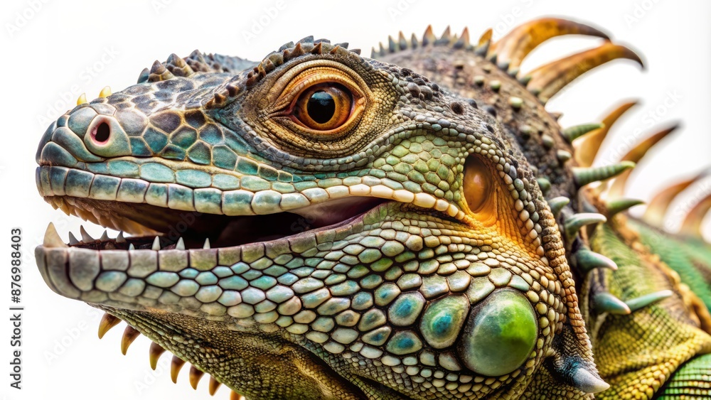Fototapeta premium Magnificent reptile, scaly skin glistening, ancient eyes gleaming, powerful jaws open, isolated on a pristine white backdrop, evoking wild, untamed beauty.