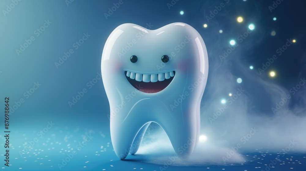 Toy happy smiling healthy teeth on blue background. Concept of dentistry and healthy teeth Toy happy smiling healthy teeth on blue background. Concept of dentistry and healthy teeth