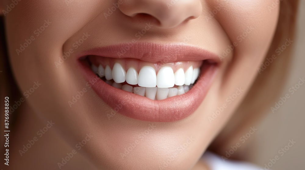 Fototapeta premium Close up portrait of a beautiful young woman with a beautiful flawless smile with white healthy teeth. Concept of dentistry and healthy teeth