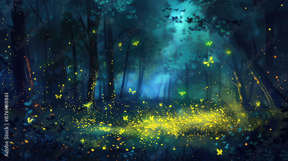 Fototapeta premium Fireflies flying in the dark, Glowing bugs in night forest