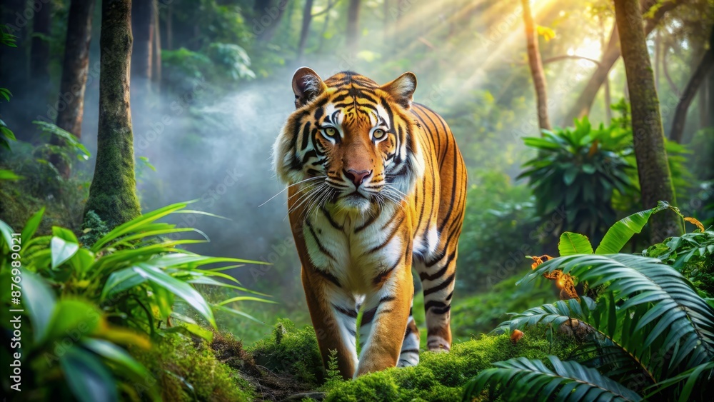 Majestic tiger roams freely in lush verdant forest habitat, its vibrant orange fur glistening, amidst thriving flora and fauna ecosystem. Majestic tiger roams freely in lush verdant forest habitat, its vibrant orange fur glistening, amidst thriving flora and fauna ecosystem.