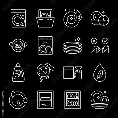 Dishwasher icons set. Kitchen appliances for washing dishes and cutlery, linear icon collection. Installation and care. Wet clean dishes. Wash steps, instructions and features. Line editable stroke