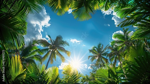 A sunny tropical background with palm trees and a blue sky. A view from below