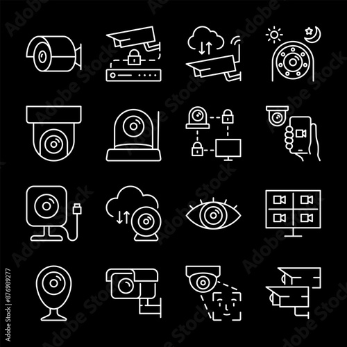 IP cameras, white line icons. Security surveillance, video recording, and remote monitoring devices. Ideal for security and technology themes. Symbols on black background. Editable stroke.
