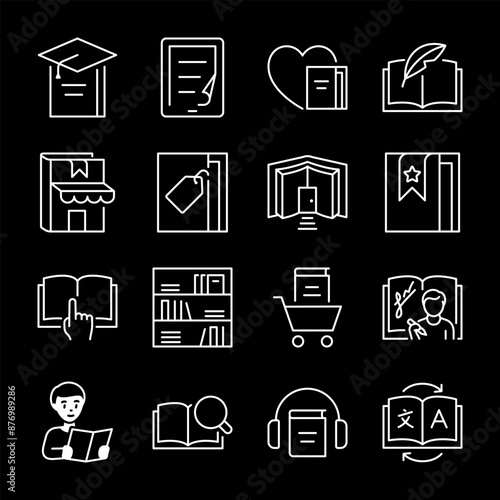 Books and literature, white line icons. Bookstore, library, and bookshelf symbols. Perfect for educational and literary themes. Symbols on black background. Editable stroke.