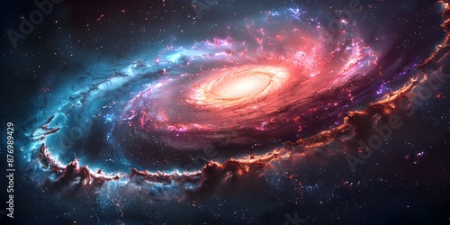 A colorful spiral galaxy with a bright orange center 