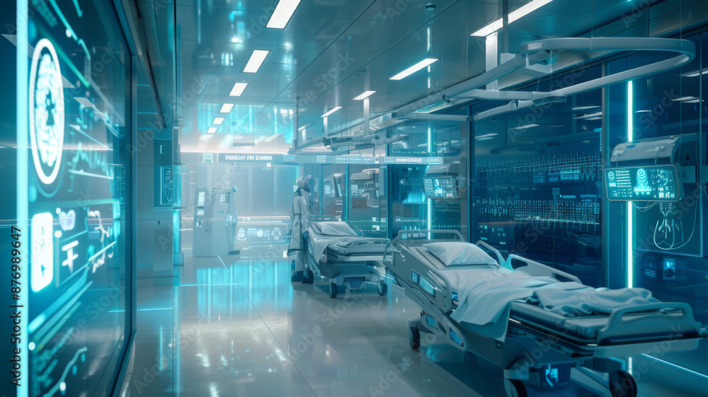 Obraz premium Medical technology hospital setting showcasing use computer technologies for treatment. Concept Hospital Technologies