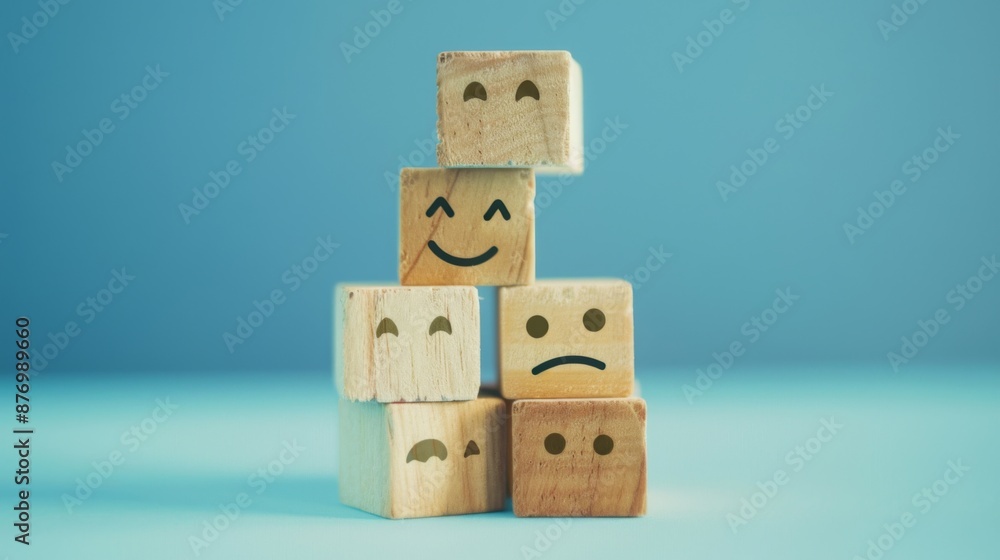world mental health day concept or feedback rating and positive customer review, wood cube stacking with emotion face icon on blue background world mental health day concept or feedback rating and positive customer review, wood cube stacking with emotion face icon on blue background