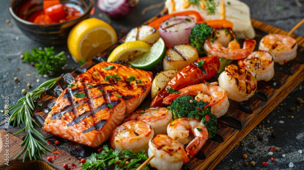 A seafood platter with grilled salmon fillet, scallops, shrimp skewers, and grilled vegetables. A seafood platter with grilled salmon fillet, scallops, shrimp skewers, and grilled vegetables.