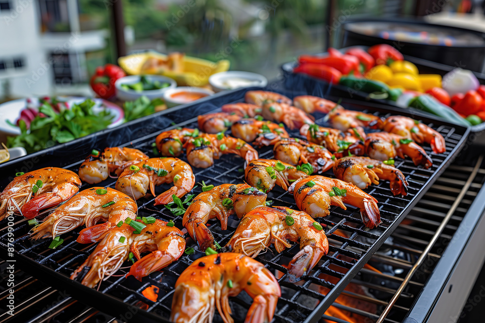 Grilled Shrimp with Smoke Rising on Outdoor Barbecue with Assorted Seafood and Vegetables Grilled Shrimp with Smoke Rising on Outdoor Barbecue with Assorted Seafood and Vegetables