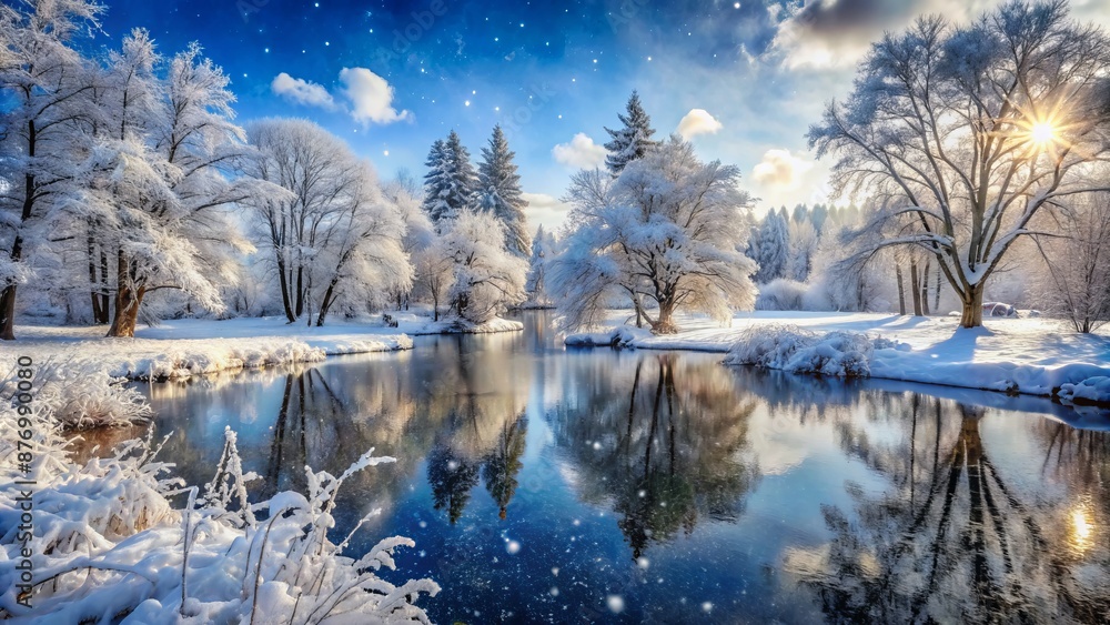 Winter wonderland scene featuring snow-covered trees, frozen pond, and snowflakes gently falling on a serene, peaceful, frosty landscape backdrop. Winter wonderland scene featuring snow-covered trees, frozen pond, and snowflakes gently falling on a serene, peaceful, frosty landscape backdrop.