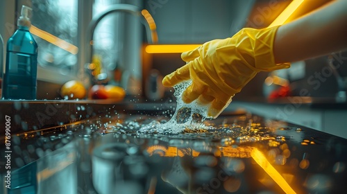 A person is cleaning a sink with a yellow glove