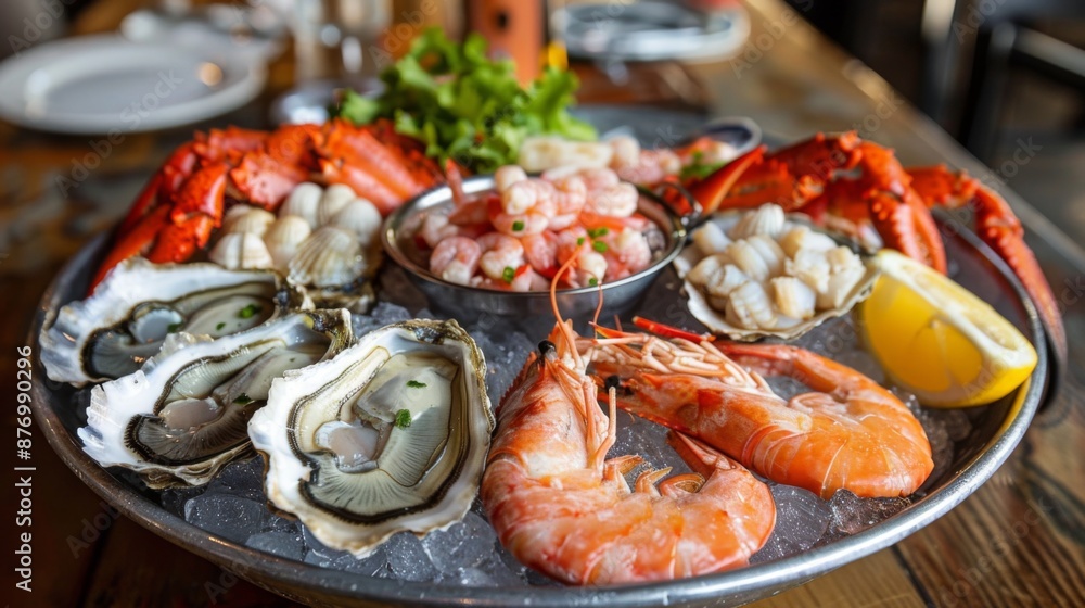 A seafood platter with oysters on the half shell, crab claws, shrimp cocktail, and lobster tail. A seafood platter with oysters on the half shell, crab claws, shrimp cocktail, and lobster tail.
