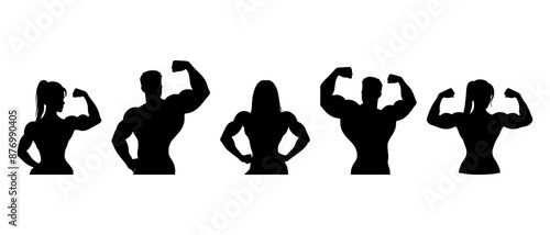 Muscular bodybuilder vector silhouettes. Male and female bodybuilding avatar black filled vector Illustration icon.