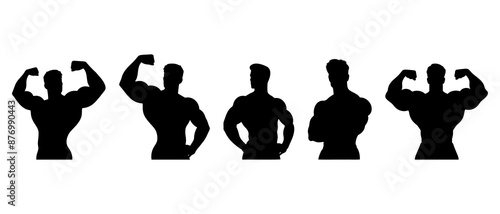 Muscular bodybuilder vector silhouettes. Male  bodybuilding avatar black filled vector Illustration icon.