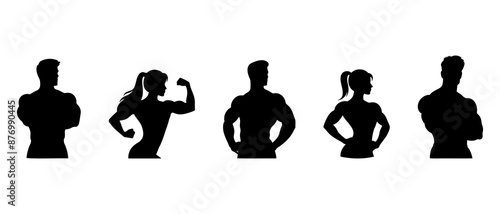 Muscular bodybuilder vector silhouettes. Male and female bodybuilding avatar black filled vector Illustration icon.