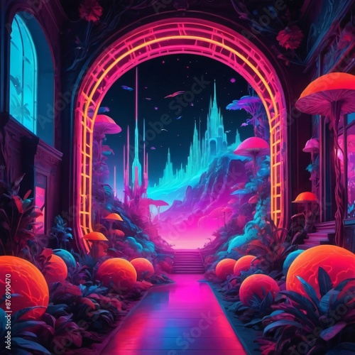 a dreamscape filled with neon colors and glowing patterns  photo