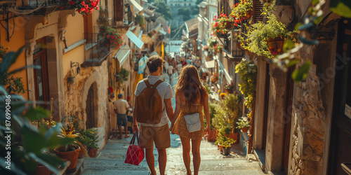 Fototapeta Naklejka Na Ścianę i Meble -  A couple of tourists walks hand in hand through the beautiful, ancient streets of a European town.