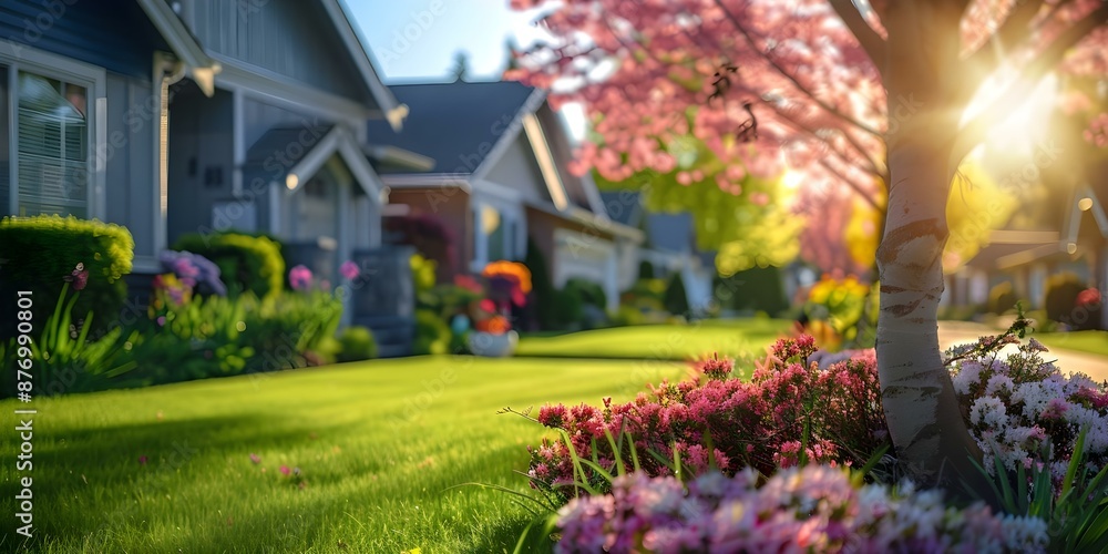 A line of single-story houses with tidy gardens, one featuring a Judas tree. Concept Architecture, Gardening, Landscaping, Judas Tree, Residential Design A line of single-story houses with tidy gardens, one featuring a Judas tree. Concept Architecture, Gardening, Landscaping, Judas Tree, Residential Design