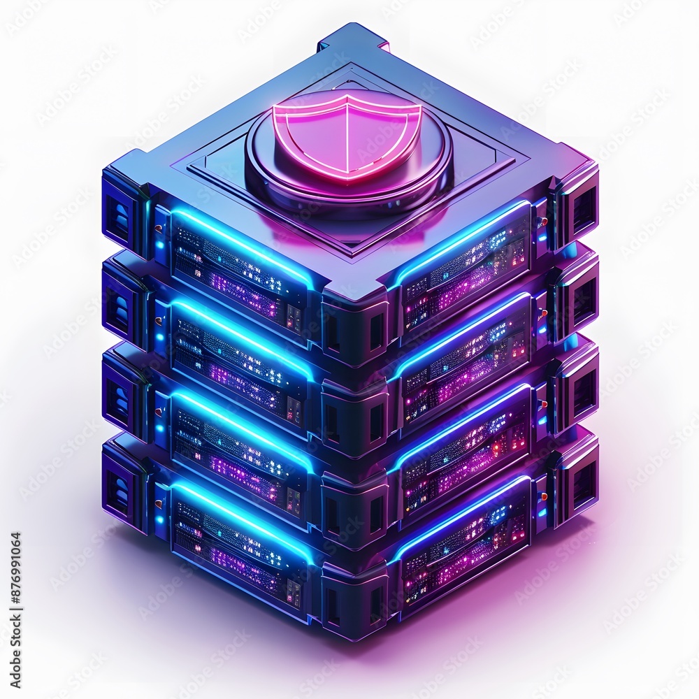 Futuristic server stack with glowing neon lights representing data security and modern technology. Ideal for IT and cybersecurity themes. Futuristic server stack with glowing neon lights representing data security and modern technology. Ideal for IT and cybersecurity themes.