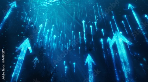 Blue arrows underwater growth. Abstract image of glowing arrows pointing upward, signifying progress and growth.