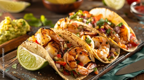 A seafood taco platter with fish, shrimp, and scallops, served with salsa, guacamole, and lime wedges.