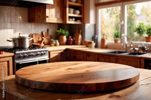 Backdrop of round kitchen board wooden pedestal with blurred background of kitchen room interior