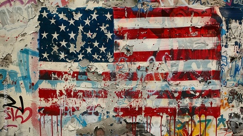 American flag graffiti wall art. Worn American flag painted on a weathered wall with graffiti.