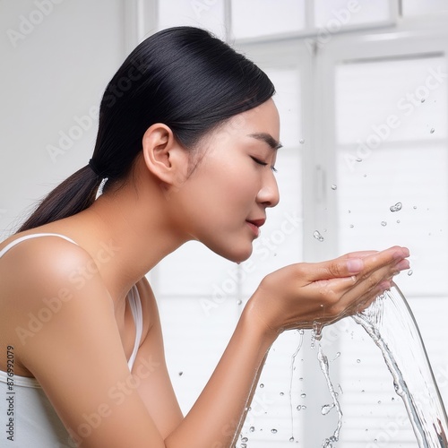 Beautiful Asian Woman washing her Face with Clean Water - Hygiene and Selfcare during the Day - Drinking Clean Mineral Water - Female Splashing Water in her Face in Bathroom - Removing Make-up photo