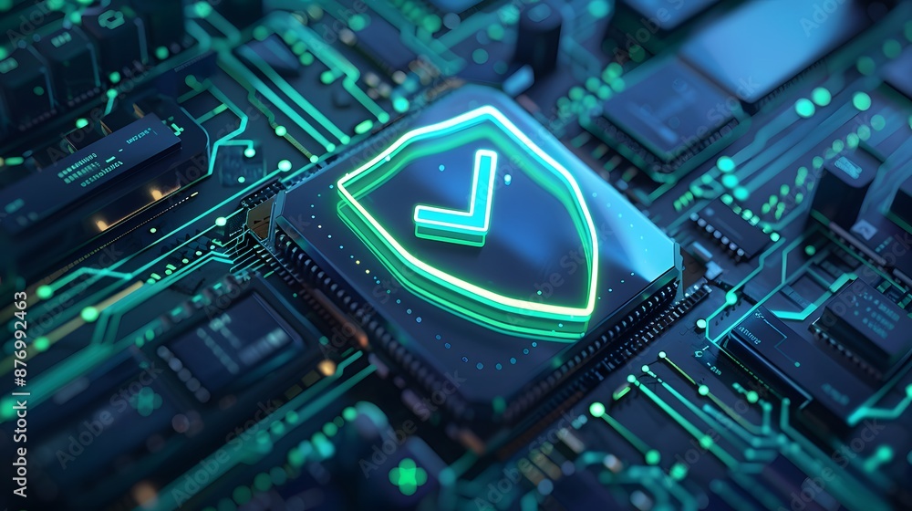 Microchip with glowing shield icon, symbolizing cybersecurity and technology protection on a circuit board background. Microchip with glowing shield icon, symbolizing cybersecurity and technology protection on a circuit board background.