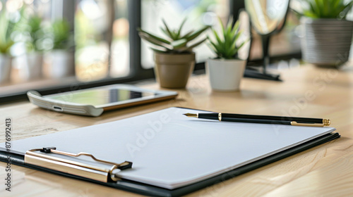 Empty notepad with a pen on a clipboard, with and without a tablet for displaying information or text.