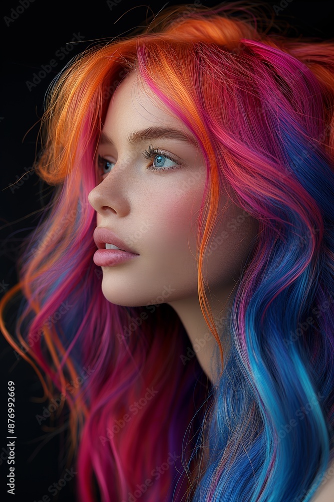 Luxurious portrait of a young woman with a sensual colorfull hairstyle, vibrant makeup, and shining eyes. Luxurious portrait of a young woman with a sensual colorfull hairstyle, vibrant makeup, and shining eyes.