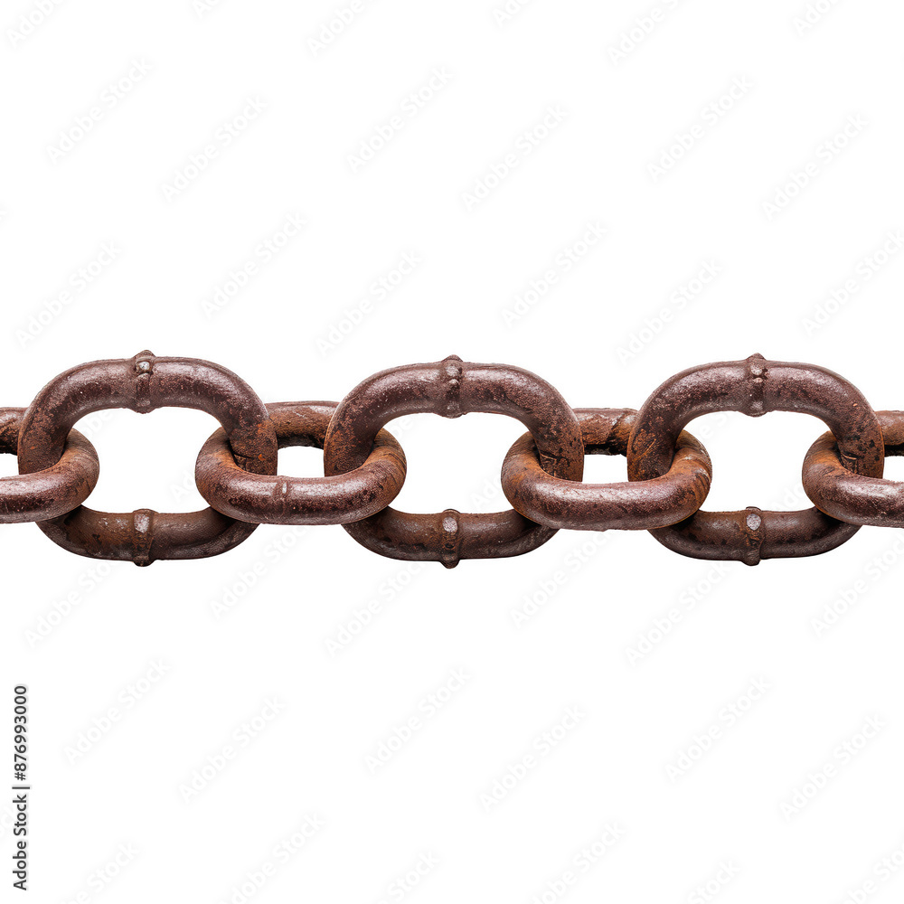 Fototapeta premium Close-up of a rusty metal chain with interconnected links isolated on a white background, symbolizing strength and unity.