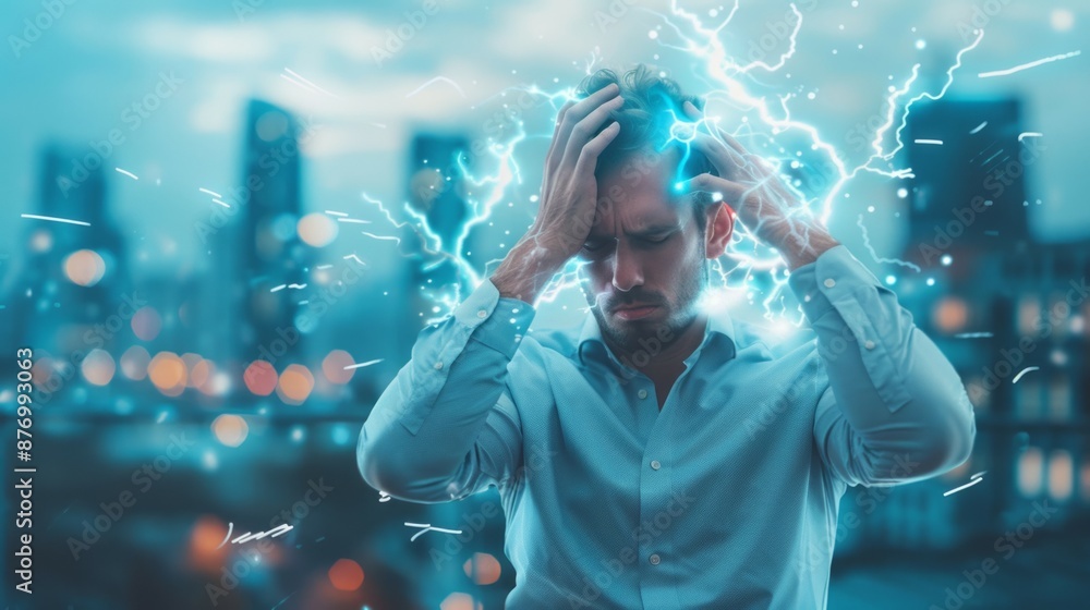 Fototapeta premium Man overwhelmed by stress and pressure. A man holds his head in pain, surrounded by abstract lightning bolts, symbolizing overwhelming stress and mental pressure.