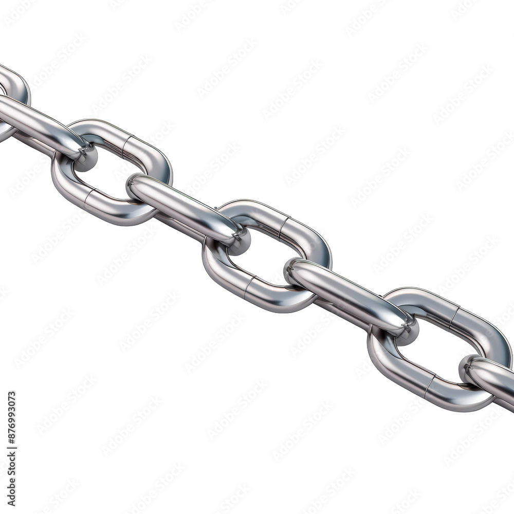 Close-up of a shiny metal chain with interconnected links, symbolizing strength, connection, and industrial use. isolated on white background. Close-up of a shiny metal chain with interconnected links, symbolizing strength, connection, and industrial use. isolated on white background.